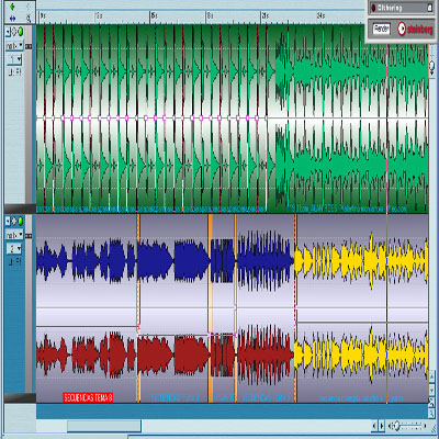 Creación de una base ritmica con repeticiones de fragmentos de audio creando loop, durante una mezcla multipista musical con editor y secuenciadores de audio